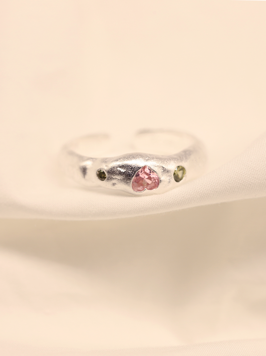 Pink Heart Bright Silver Ring Set